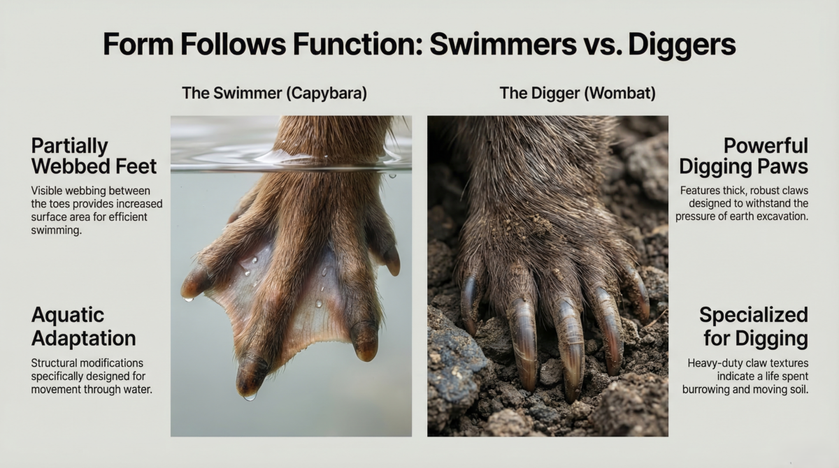Close-up side-by-side comparison of a capybara's