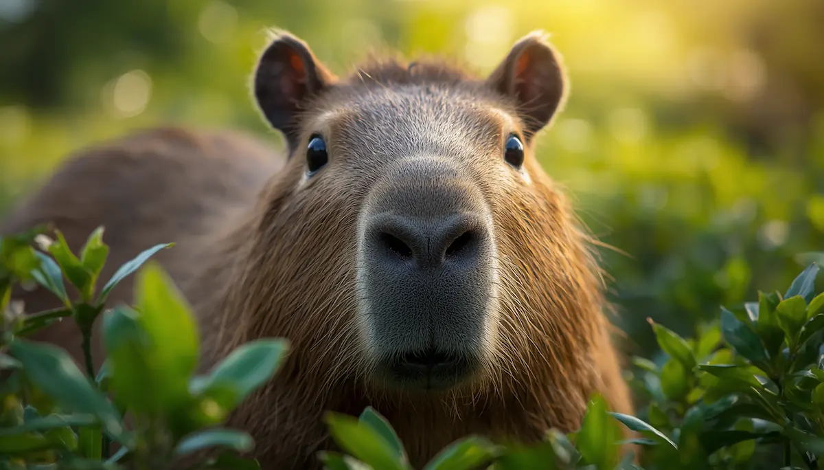 A close-up of a capybara's head, highlighting
